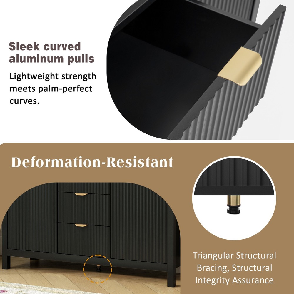 Wave Design Sideboard (3 Adjustable Shelves, 3 Drawers, Soft-Close Doors, Metal)