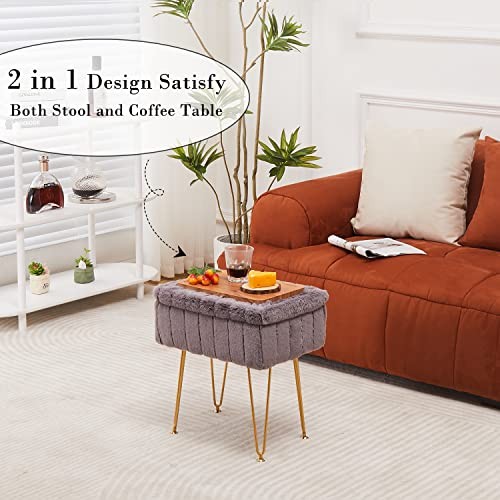 Faux Mink Fur Storage Ottoman, Modern Soft Footstool, Storage Bench with Grey