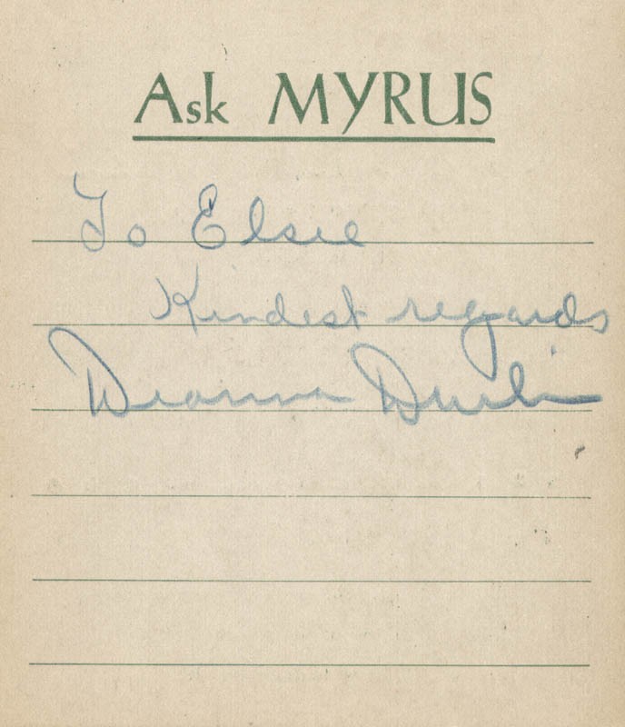 DEANNA DURBIN - AUTOGRAPH NOTE SIGNED CIRCA 1938