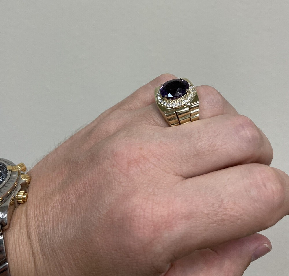 Purple Amethyst Diamond Men's Ring 10K Solid Yellow Gold Statement Ring