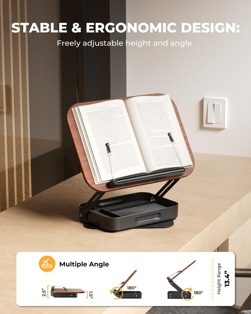 Adjustable Book Stand for Reading with Storage – 360° Rotating Base Height Ad...