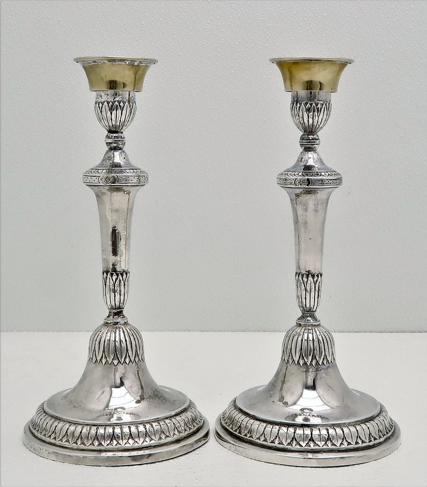 Set 2 Marked Genoa Italy Solid Silver Neo-Classical Candle Sticks c 1790 crest
