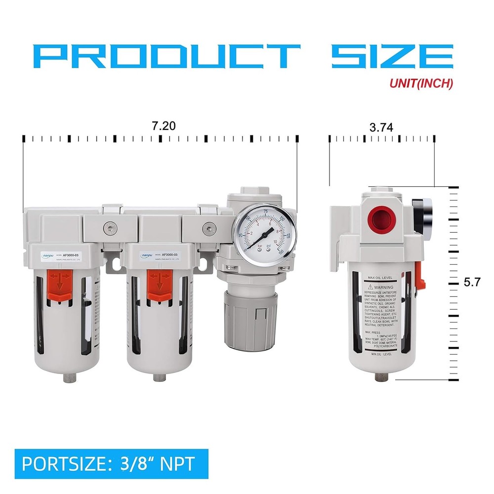 Air Drying System 3/8NPT Filter Regulator Combo Semi-Auto Drain 5 Micron