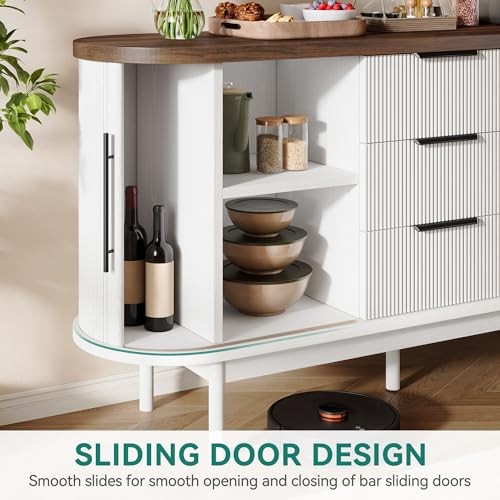 55'' Fluted Buffet Cabinet with 3 Large Drawers, Fluted White & Brown