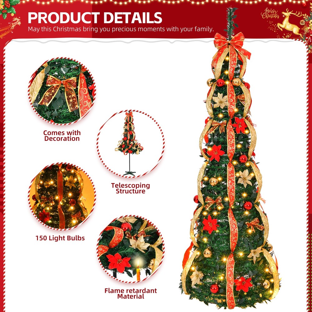 6 FT Fully Decorated Pre-lit Christmas Tree, Pop Up Artificial Xmas Tree