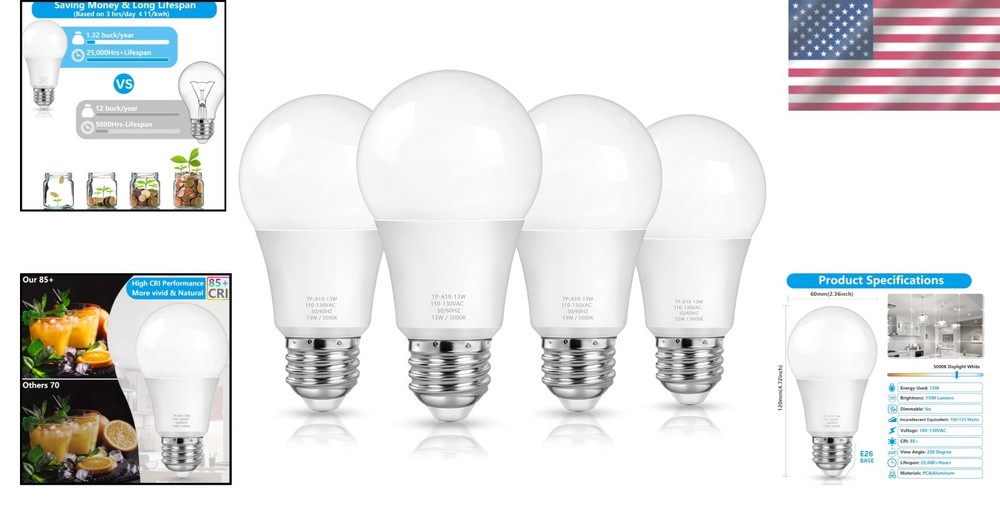 4-Pack A19 LED Light Bulbs, 100 Watt Equivalent, Daylight White 5000K, 1500LM