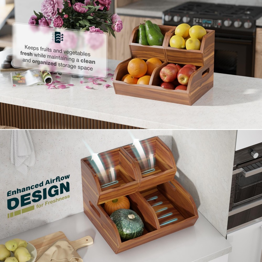 Acacia Wood Pantry Storage Bins – Stackable Open Front Kitchen Baskets for Po...
