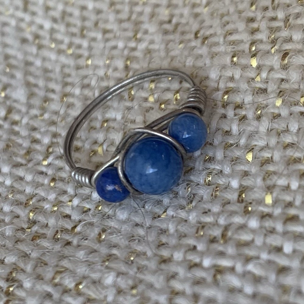 Lapis Lazuli Wire Wrapped Bead Ring Size 6 Silver Tone Beaded