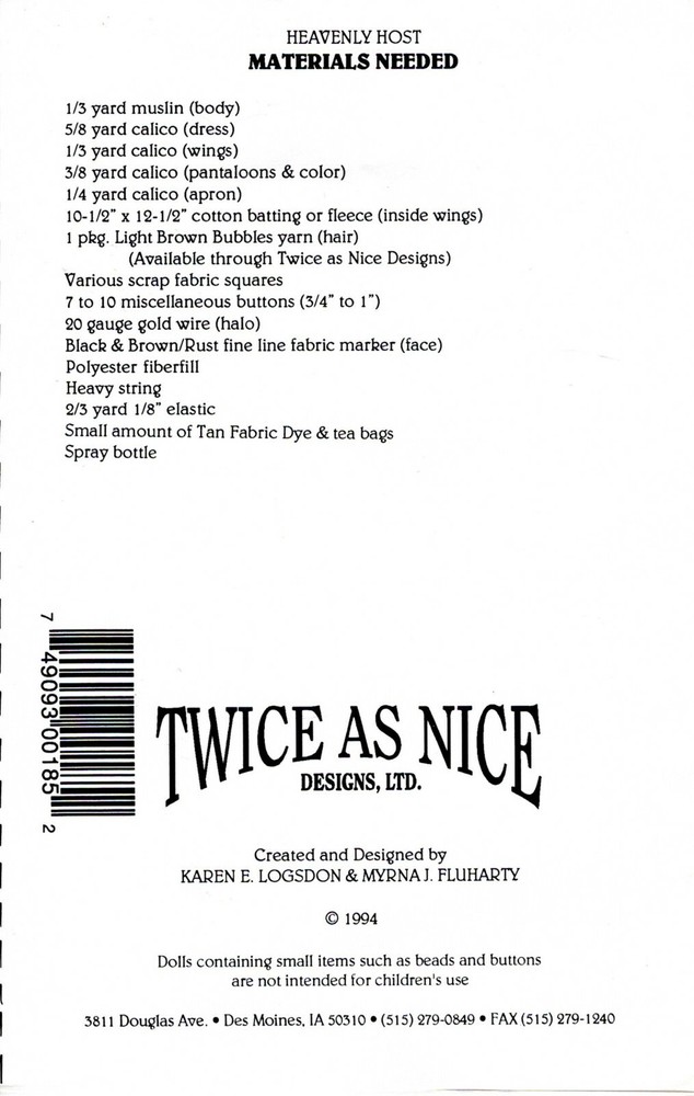 "Heavenly Host" ©1994 Twice as Nice Designs Craft Sewing Pattern # 185 19" Tall