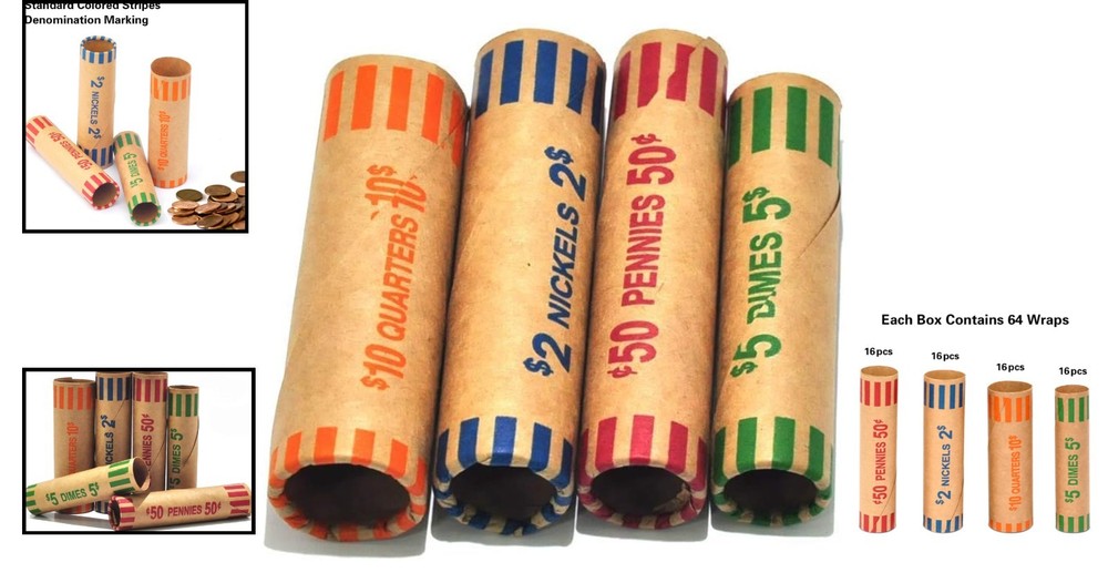64 Color-Coded Preformed Coin Wrappers - Protect Your Quarters, Dimes & More