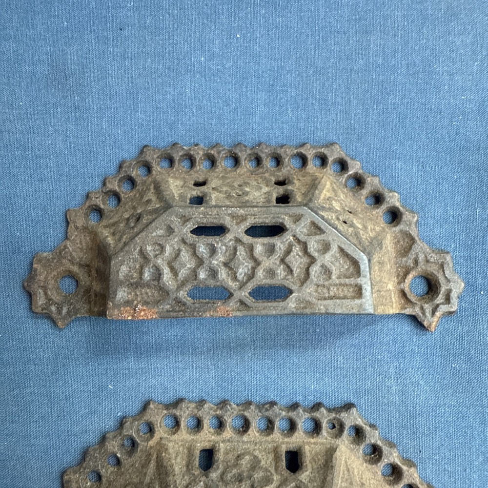 6 Antique Victorian Eastlake Pierced Cast Iron Bin Drawer Pulls Cup Drawer Pulls