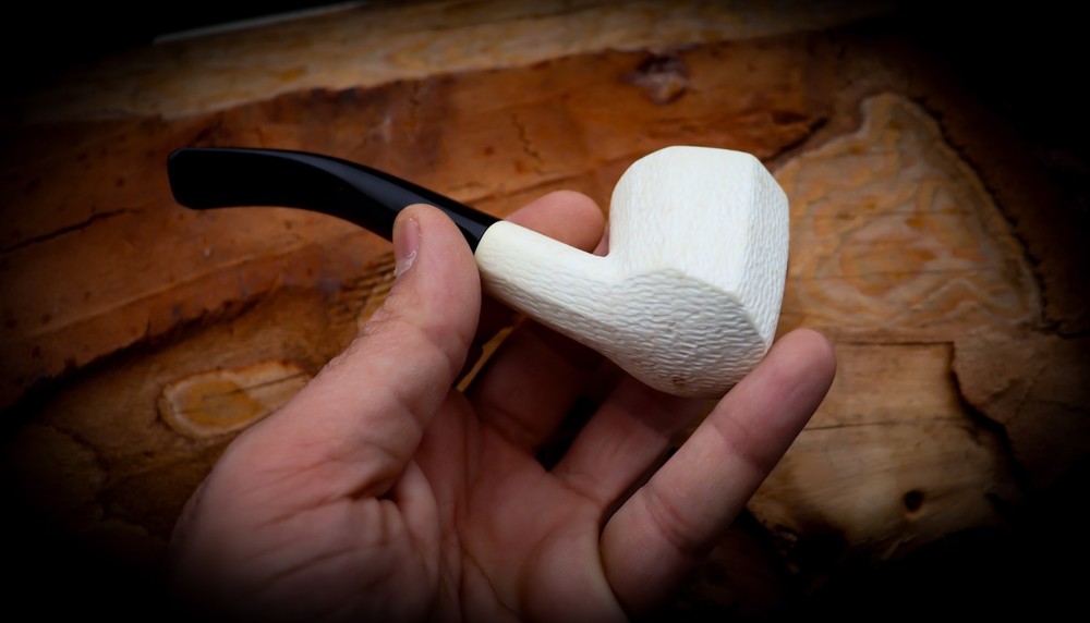 9MM Rustic Patterned Panel Meerschaum Pipe With Leather Case- Astaş Meerschaum