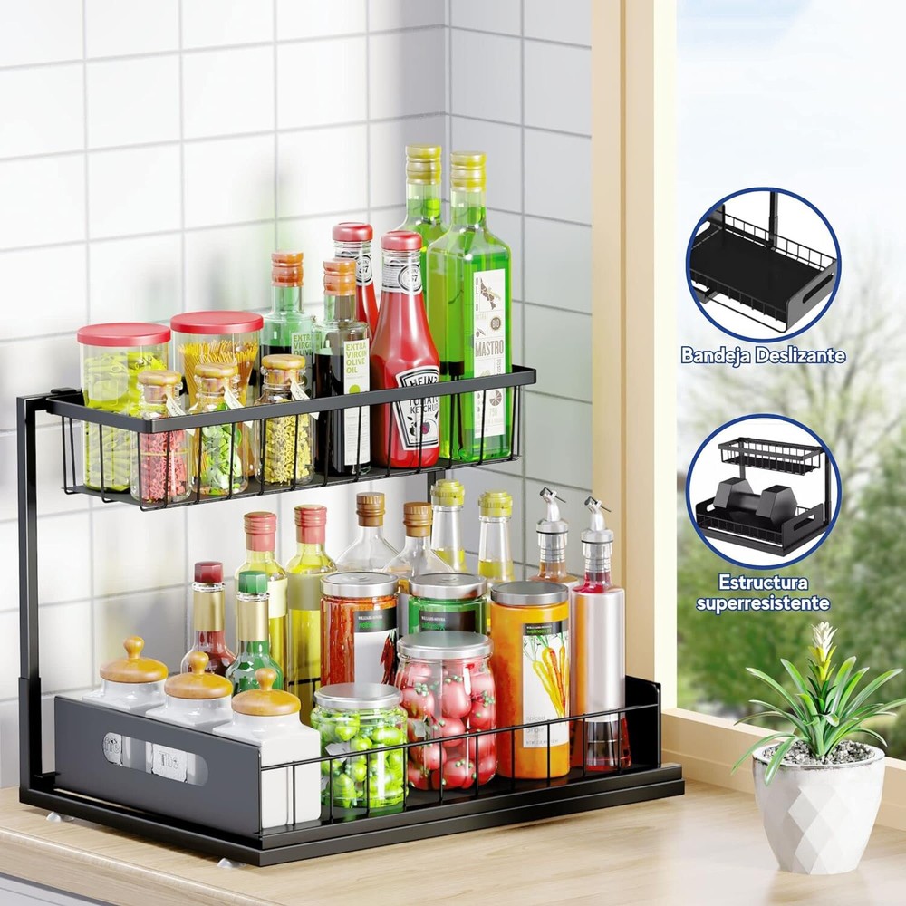 Sliding Under Sink Organizers and Storage for Kitchen Bathroom L-Shaped 2-Tier