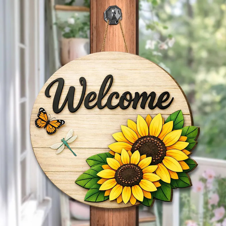 Welcome Sunflower Round Wall Sign with Rope
