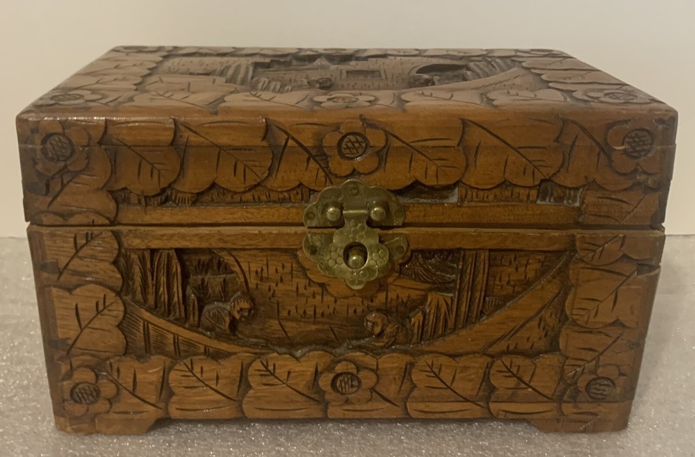 Solid Teak Wood Monastery Tea Box Hand Carved