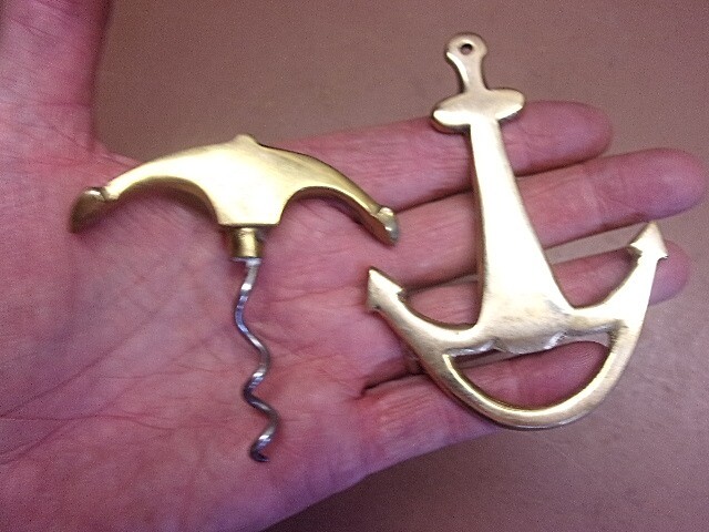Vintage Solid Brass Nautical Theme Anchor Corkscrew & Bottle Opener Nice Pair!