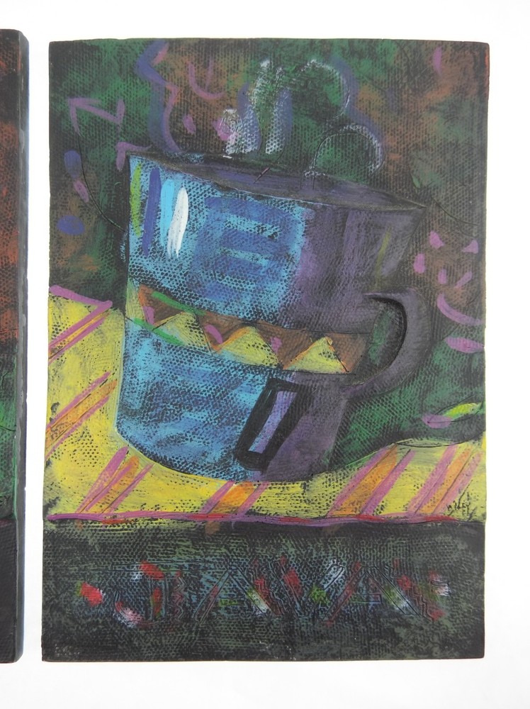 2pc Set Signed Wiley Coffee House Art Java Espresso Tile Plaques Wall Hangings