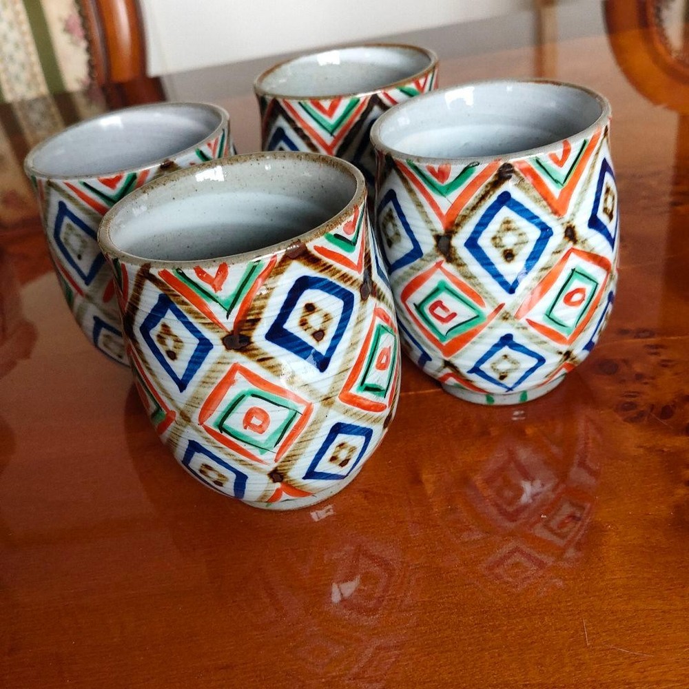 Teacup Set 4pcs Colored Diamond Pattern Geometric
