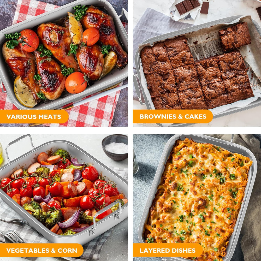 15.6'' Roasting Pan with V-Shaped Rack, Rectangular Lasagna Pan with Handle, Non