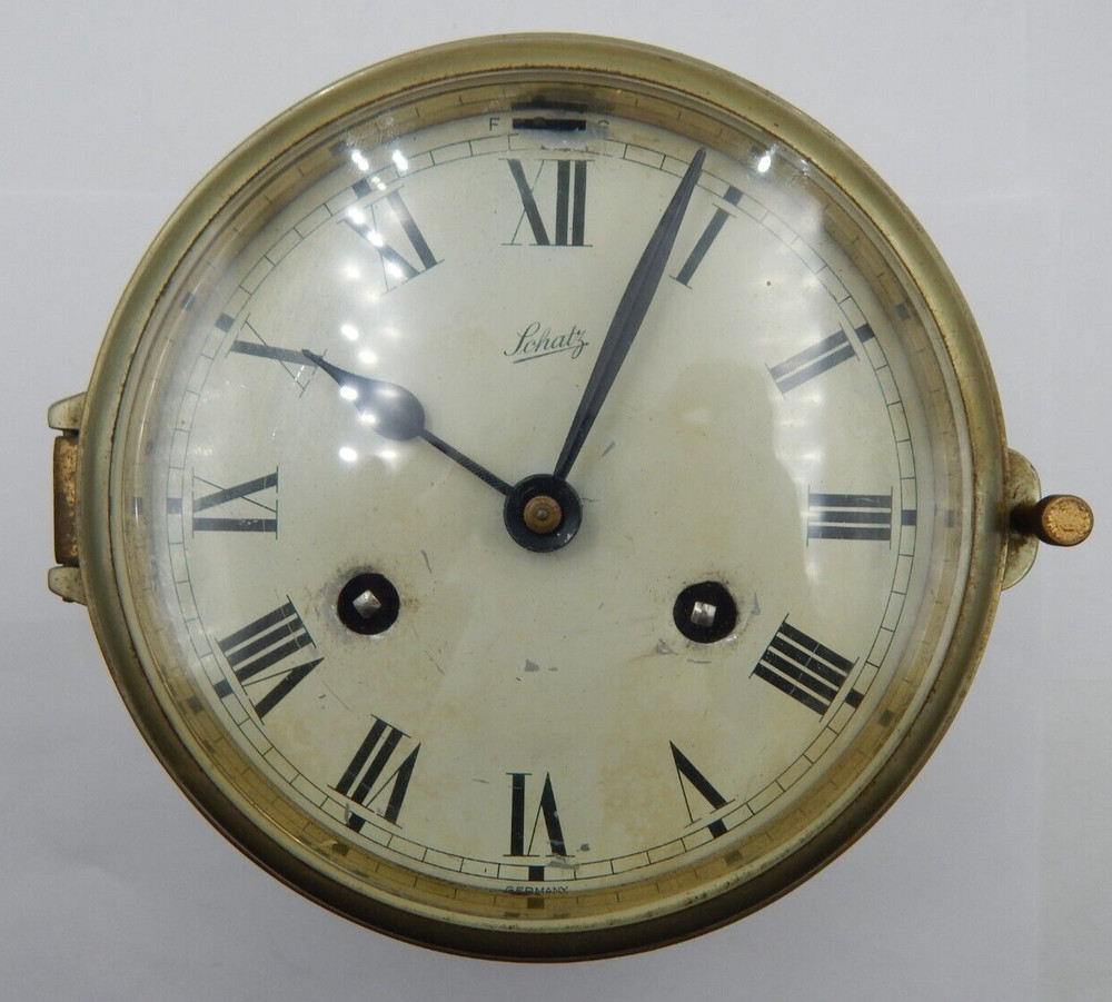 Vintage Schatz Key Wind Mechanical Ship's Clock 14400 w/ Solid Brass Case