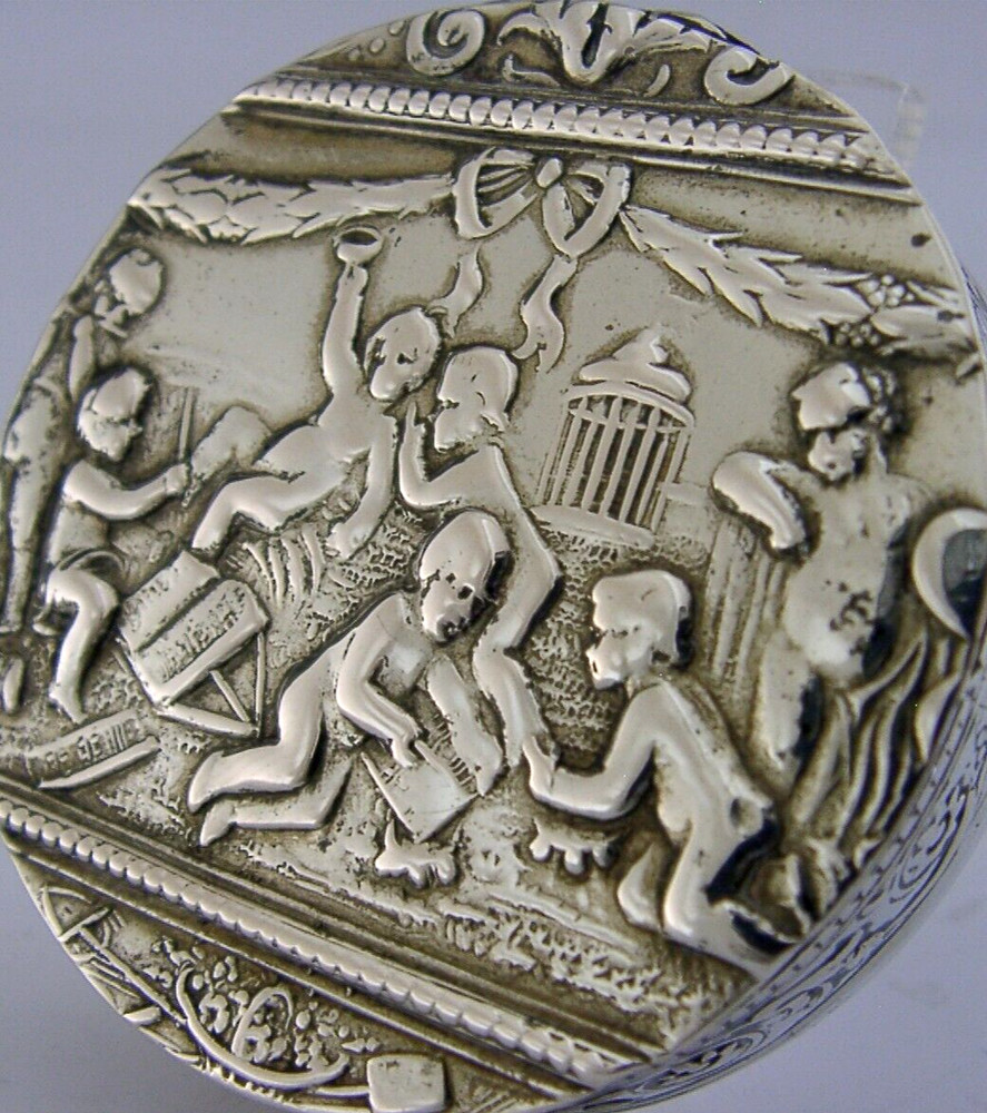 SUPERB GERMAN SOLID SILVER FIGURAL CHERUB SCENES BOX c1900 ANTIQUE