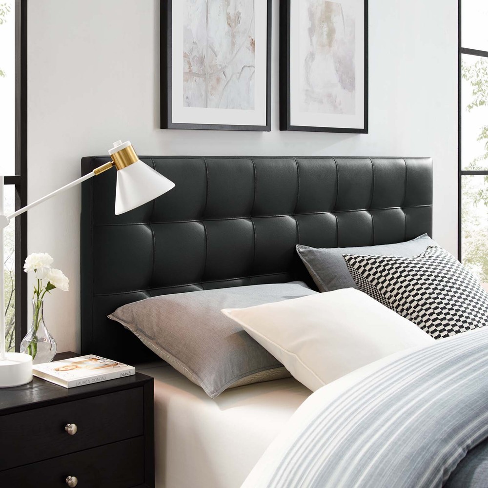 Modway Tufted Upholstered Faux Leather Square King Size Headboard in Black