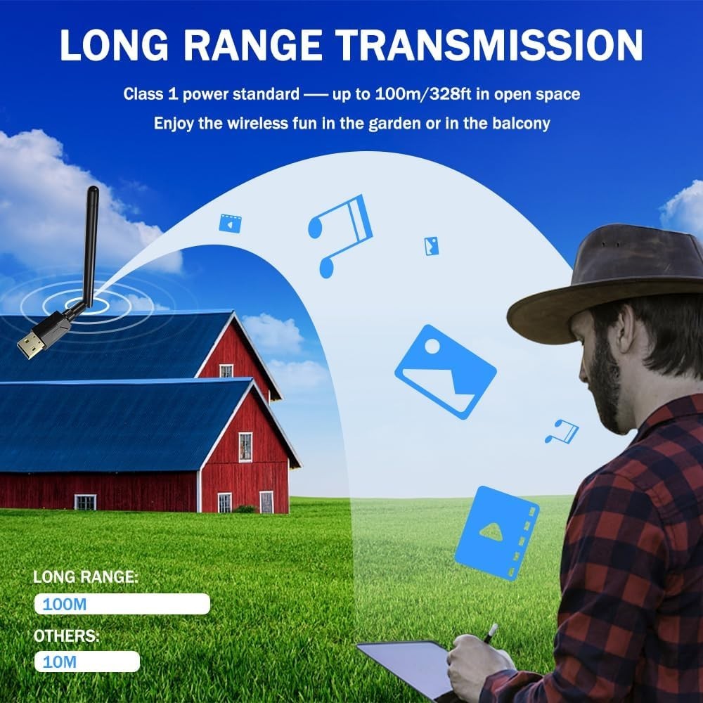 USB Bluetooth 5.1 Adapter - Long Range 300FT Wireless Dongle with 5dBi Antenna