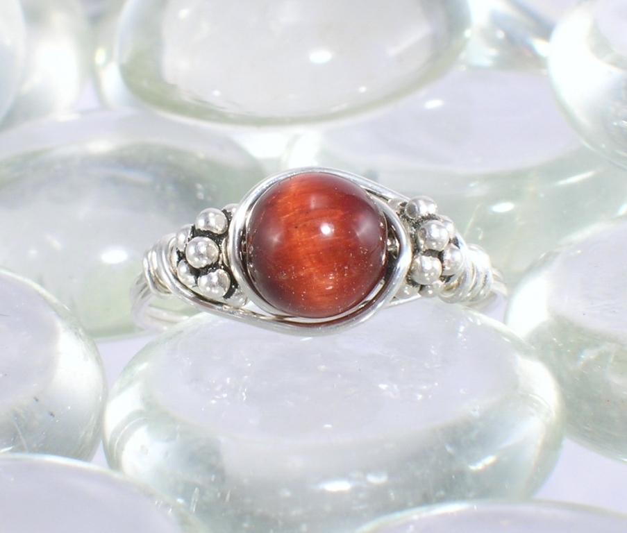 Red Tiger's Eye Sterling Silver Bali Bead Ring