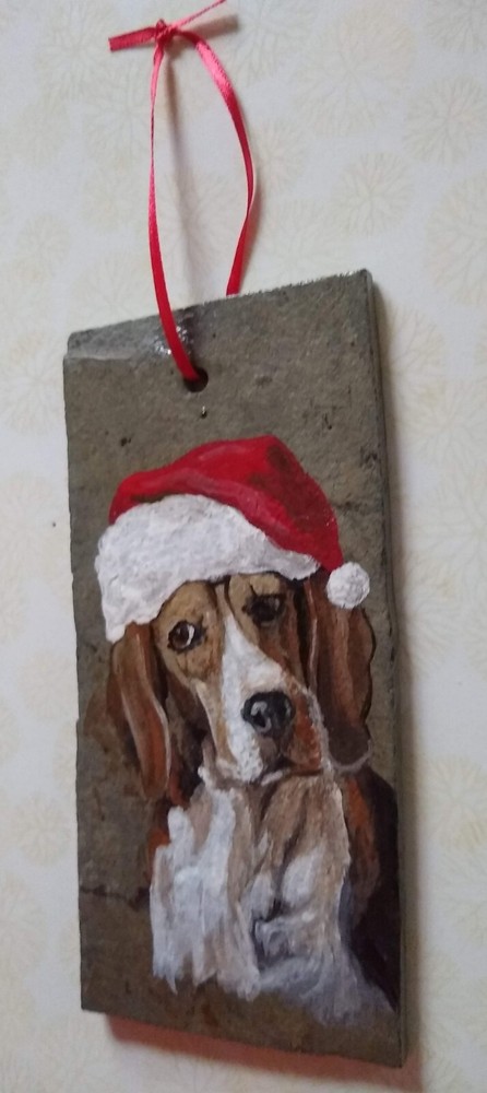 hand painted ornament - beagle with red hat