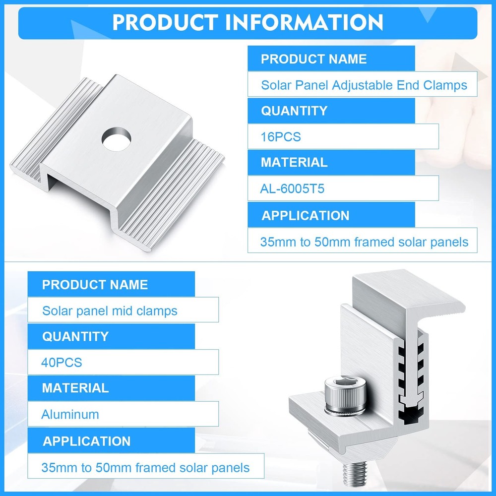 1.06" Solar Panel Mount Bracket 56pc Adjustable Aluminum End & Mid Clamps