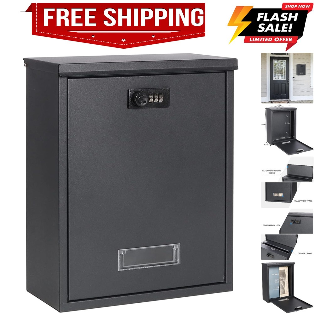 Locking Mailbox Wall Mount Combination Lock Drop Box Large Capacity with Galv...