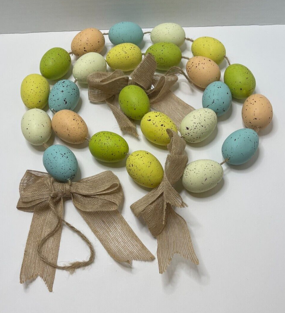 Pastel Speckled Easter Egg Garland w. Burlap Bows-5' & 4" Long