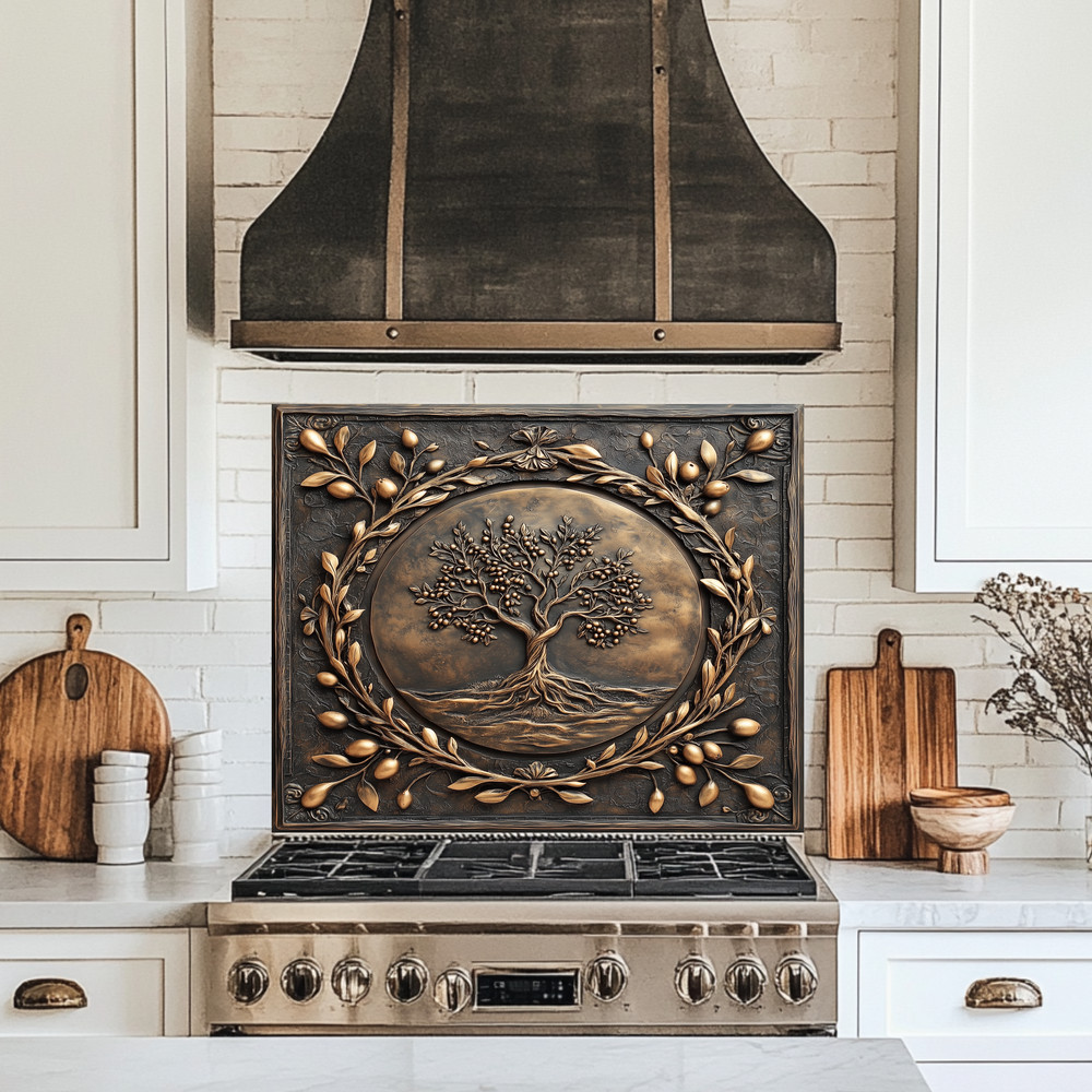 Olive Tree Copper Look  Tempered Glass Kitchen Backsplash Panel, Made in USA,