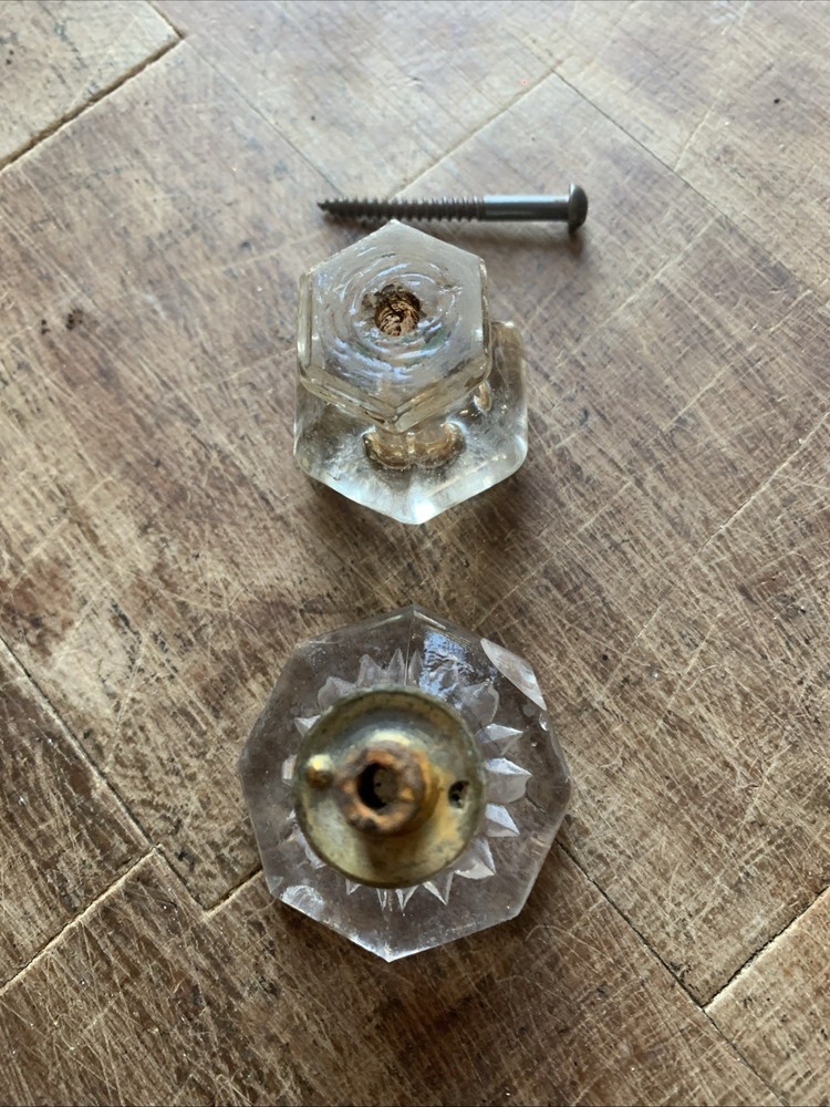 3 VINTAGE 1" 1-1/4" DEPRESSION HEXAGONAL CLEAR GLASS KNOBS & 1-3/4" OCTAGON PULL