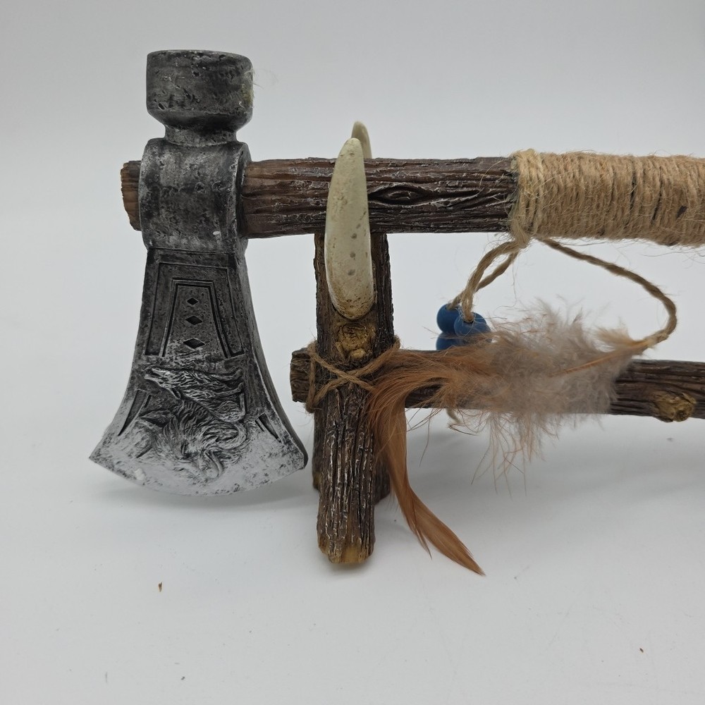 Decorative tribal tomahawk axe primitive bone handle feather display stand