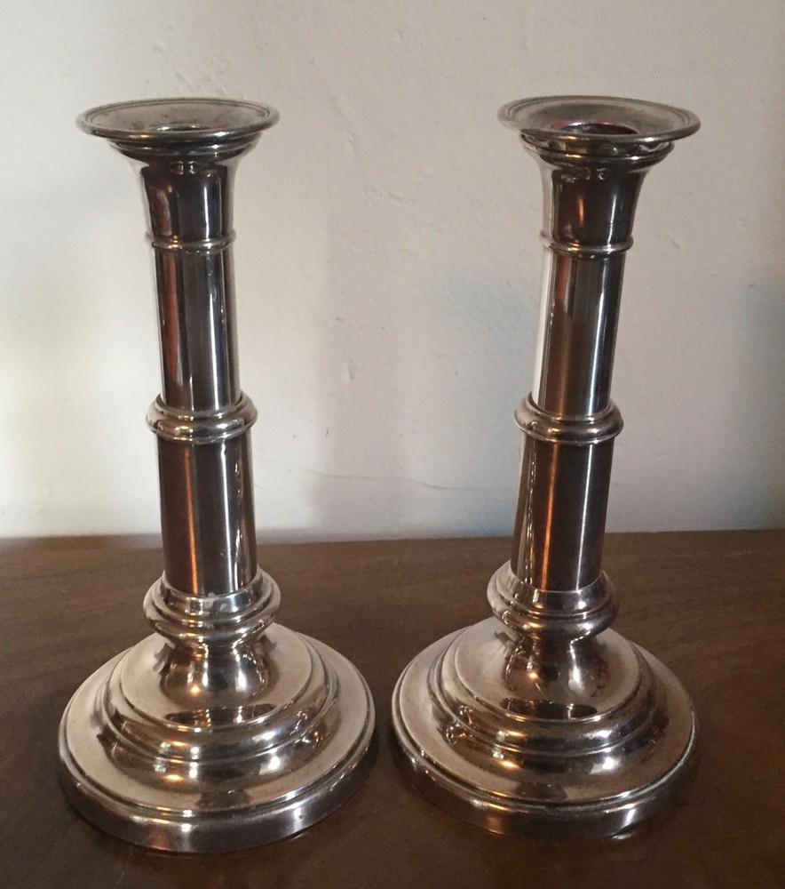 Pair 19th c. Old Sheffield Silver Plate on Copper Telescoping Candlesticks