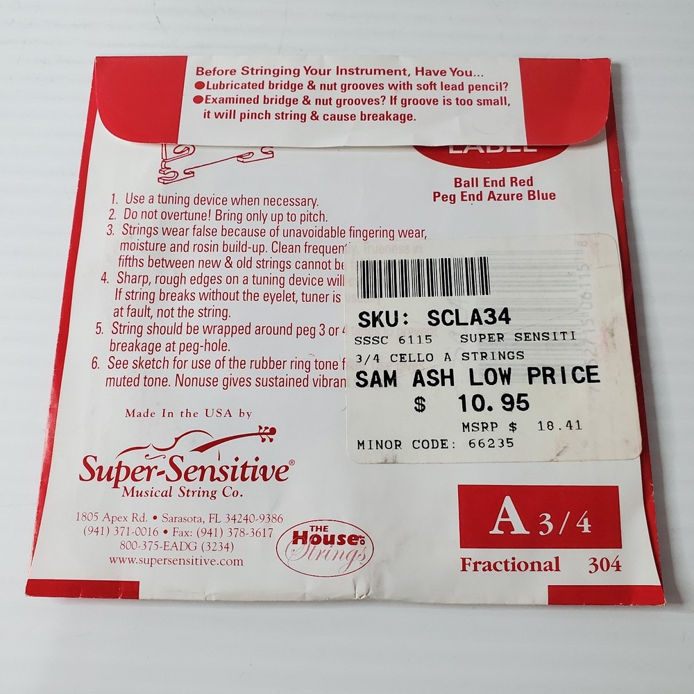 Super Sensitive Red Label Cello A String 3/4 Size SS6115 New