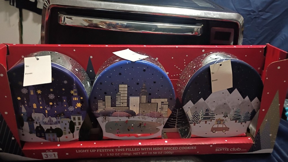 3Pc Light Up Snow Scene Cookie Filled Tin Containers