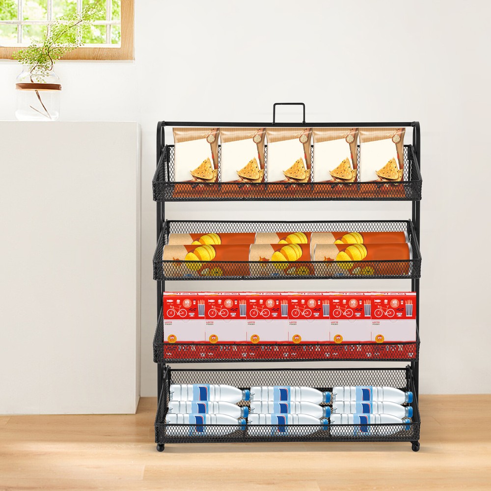 4-Tier Iron Display Rack for Retail Snacks and Candy Organization, Black