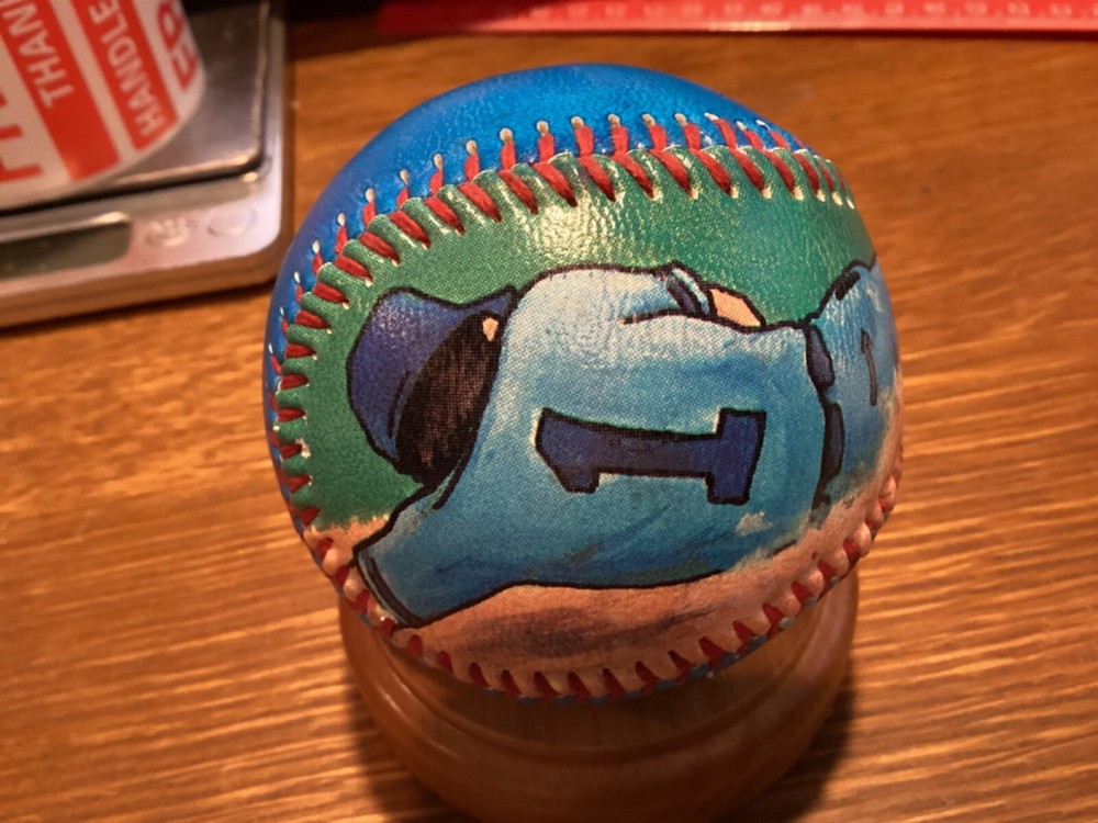PITCHER AND SLIDING RUNNER PRINTED/PAINTED? ART ON BASEBALL