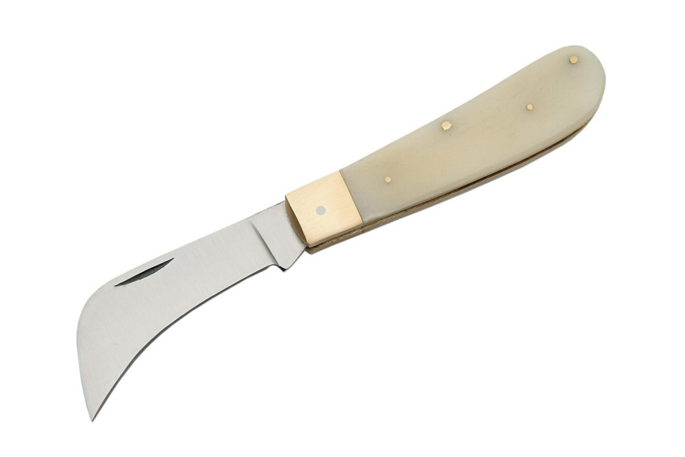 FOLDING POCKET KNIFE | 4" Rite Edge Hawkbill Blade White Bone + Brass Handle
