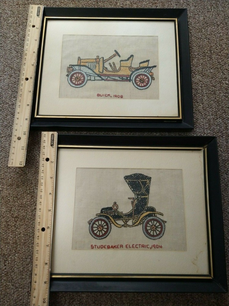 Framed Needlework Cross Stitch Cars - Studebaker Electric,1904 & Buick,1908 2 Pc