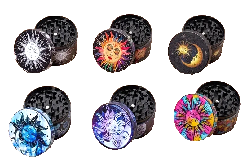 Creative Pattern Sun & Moon Herb Grinder, 2.5 inch, 4-Piece, Storage & Scraper