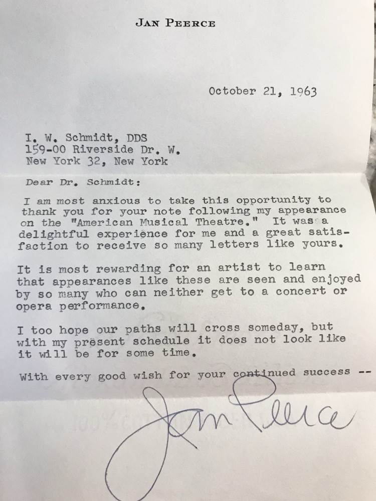 Jan Peerce- (Opera Singer) 1963 signed letter - personalized stationery/envelope