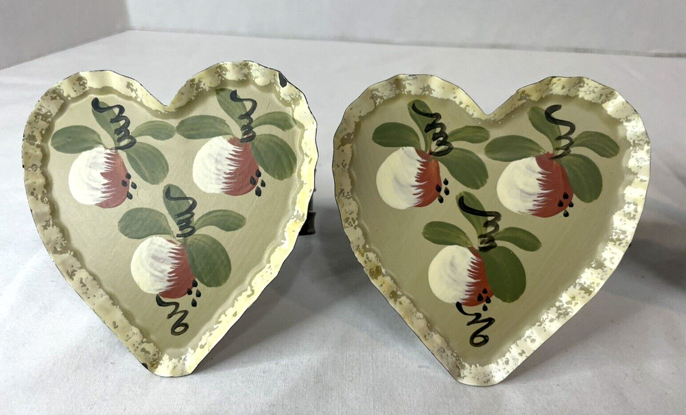 Hand Painted Artist Crafted Tin Heart Curtain Pull Backs Two Sets Cottage Core