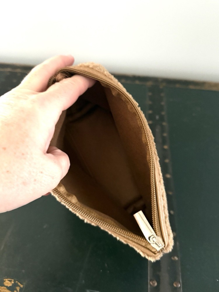 Neiman Marcus tan sherpa cosmetic bag