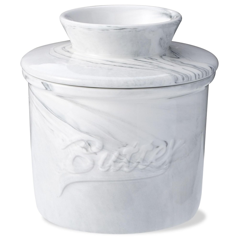 Ceramic Butter Crock with Lid, Marbled Butter Keeper for Spreadable Butter, E