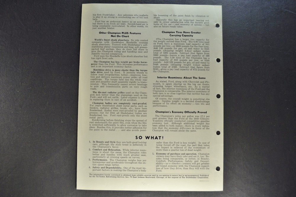 1941 Studebaker Tri-Tower Training Bulletin Champion vs Ford Excellent Original