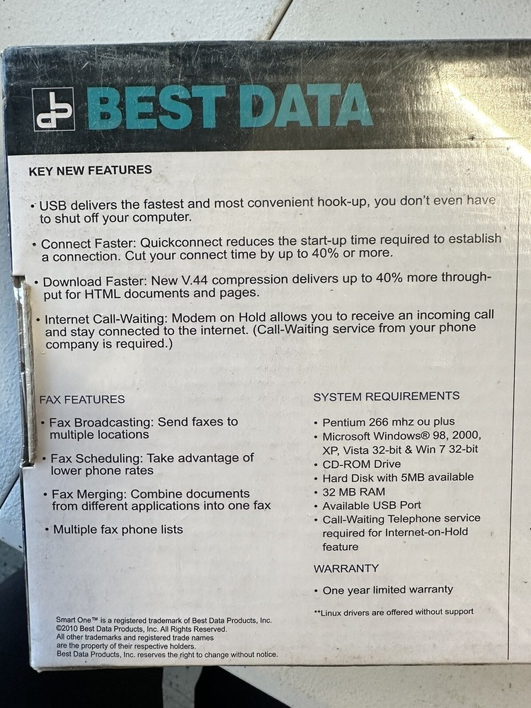 NEW Best Data V.92/V.44 High Performance 56K Data Fax Modem