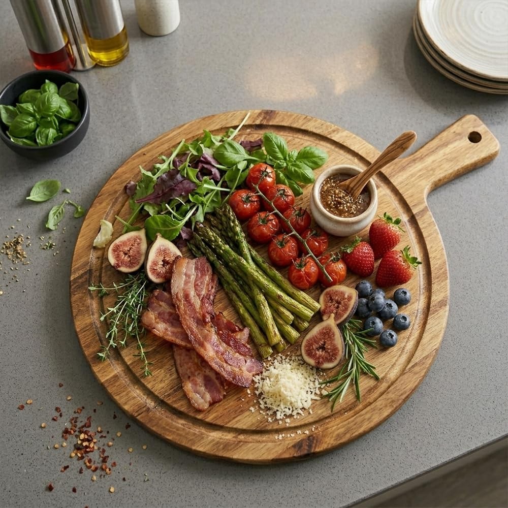 Acacia Wood Cutting Board With Handle, Round Cutting Boards For Kitchen, Deco...